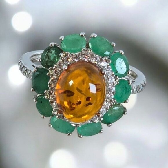 925 Sterling Silver Ring with Natural Amber & Emerald Gemstones - Picture 2 of 15